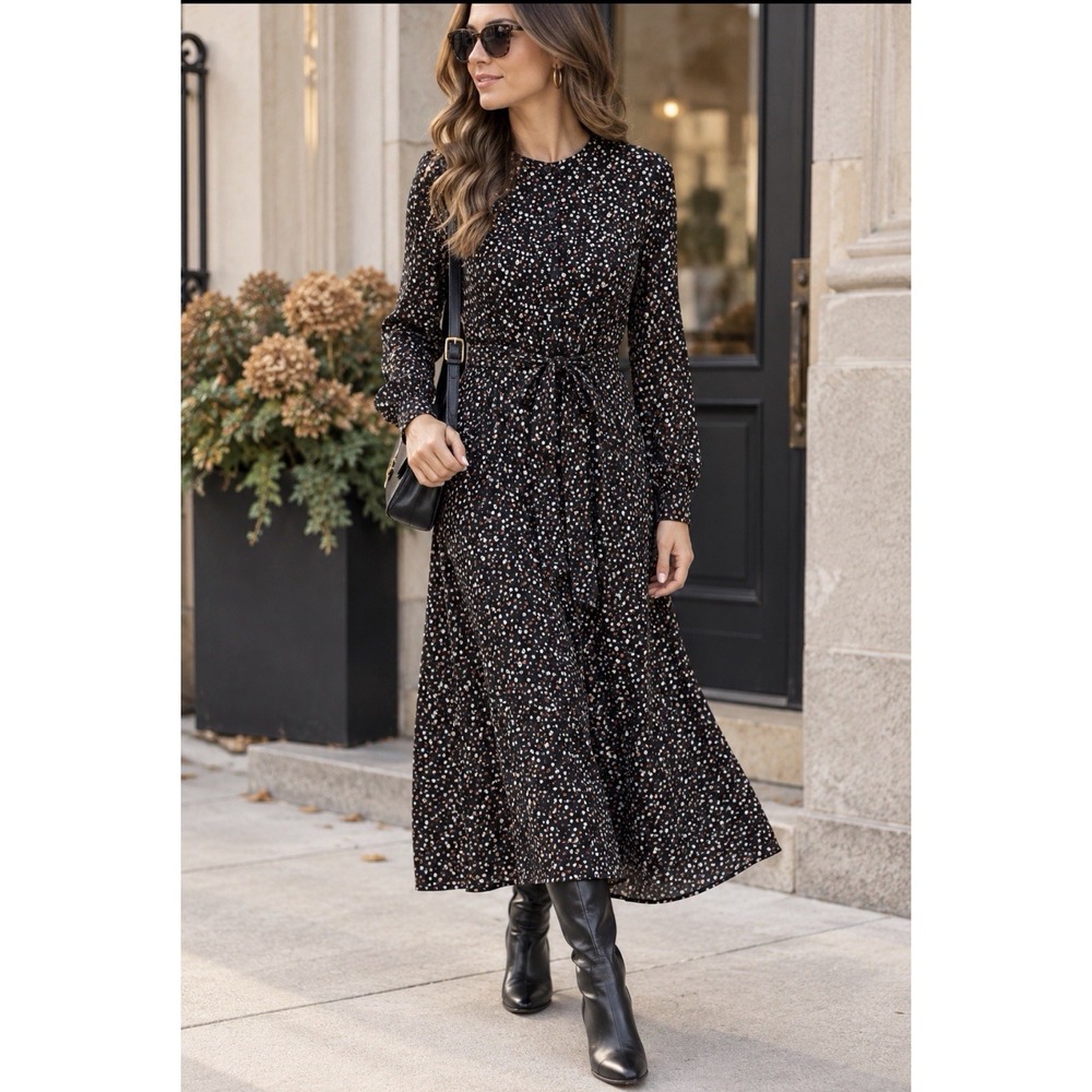Sezane Clemence Long Sleeve Midi Dress Women's Sz 34 US 2 XS Black Foliage Print